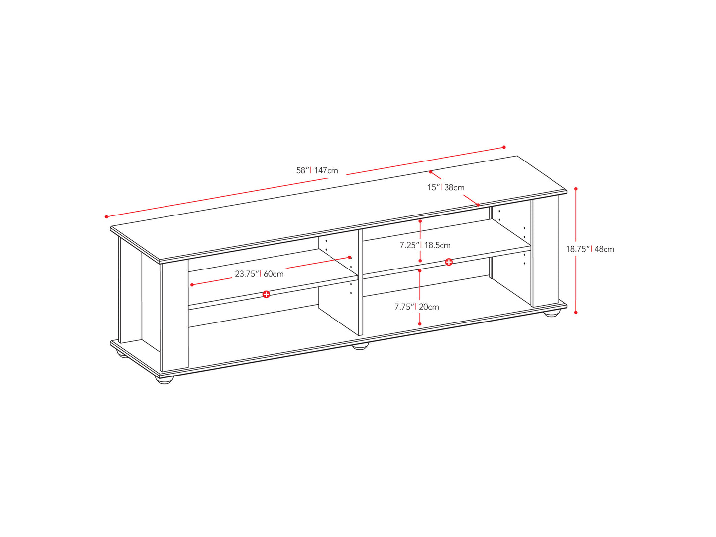 Modern wooden TV stand with two open shelves, two drawers, and a sleek black metal frame. Light oak finish with a smooth texture, perfect for contemporary living rooms or media centers.