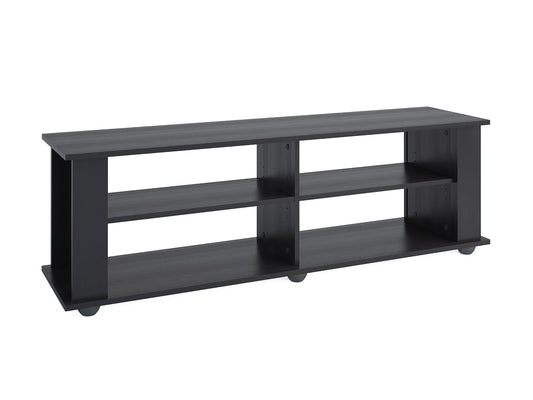 Black wooden TV stand with sleek design, open shelving, and storage cabinets, suitable for TVs up to 75 inches. Features a modern aesthetic with a dark finish, providing ample space for media equipment and decor.