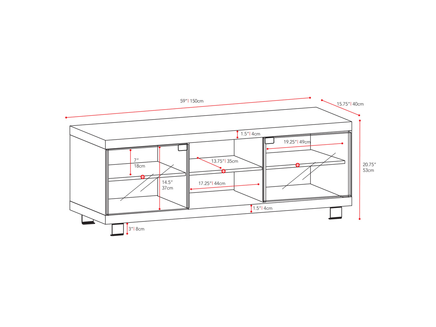 Modern TV stand with a sleek black finish, featuring two open shelves and two cabinets with glass doors, chrome handles, and a sturdy wooden frame. Ideal for contemporary living rooms and media storage.
