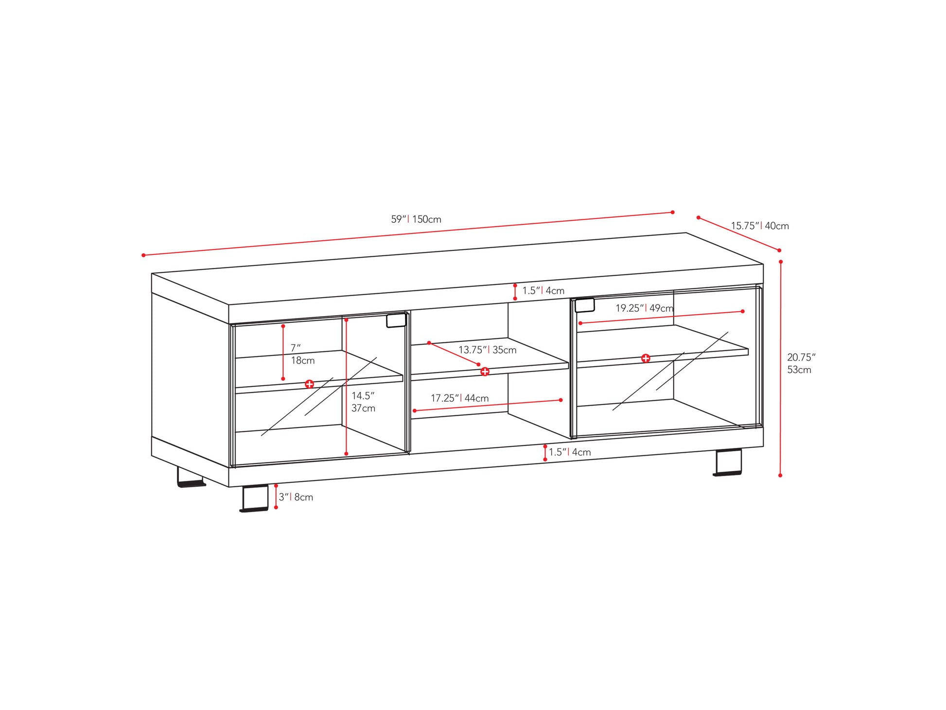 Modern TV stand with a sleek black finish, featuring two open shelves and two cabinets with glass doors, chrome handles, and a sturdy wooden frame. Ideal for contemporary living rooms and media storage.