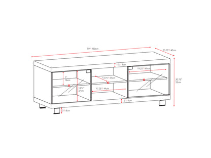 Modern TV stand with a sleek black finish, featuring two open shelves and two cabinets with glass doors, chrome handles, and a sturdy wooden frame. Ideal for contemporary living rooms and media storage.