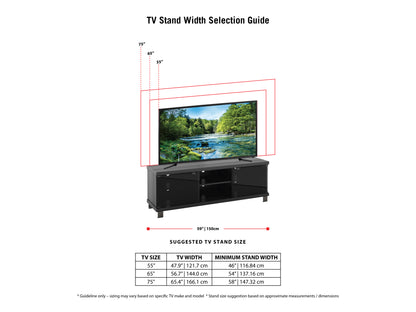 Modern TV stand with dark wood finish, sleek metal legs, and two open shelves for storage. Features minimalist design with clean lines, perfect for contemporary living rooms or entertainment areas.