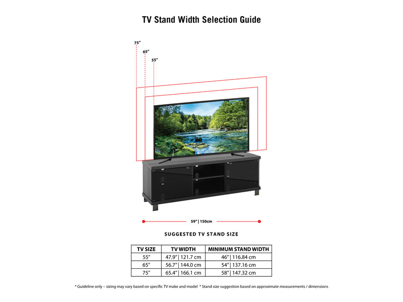 black TV Stand for TVs up to 75" Holland Collection infographic by CorLiving
