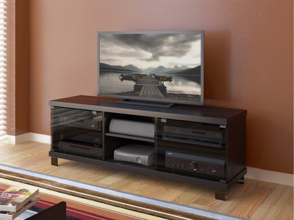 Modern TV stand for TVs up to 75 inches, featuring a sleek black finish with wooden accents, spacious open shelving, and cable management cutouts for a clean, organized look.