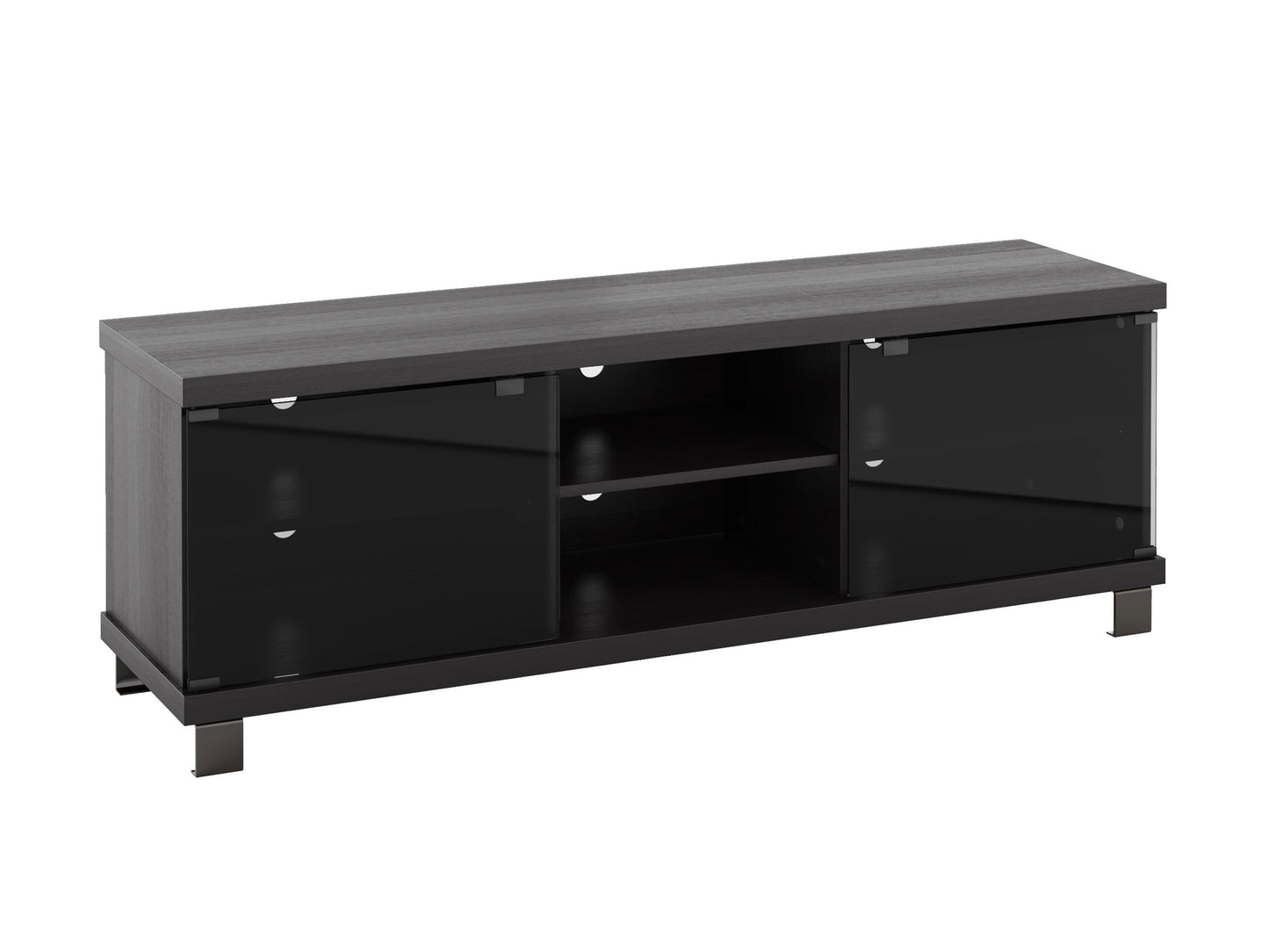 Modern TV stand in sleek black and walnut finish with open shelving, cable management, and sturdy wooden legs. Ideal for contemporary living rooms, offering ample storage for electronics and media accessories.