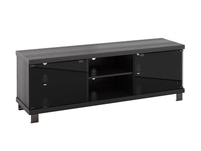 Modern TV stand in sleek black and walnut finish with open shelving, cable management, and sturdy wooden legs. Ideal for contemporary living rooms, offering ample storage for electronics and media accessories.