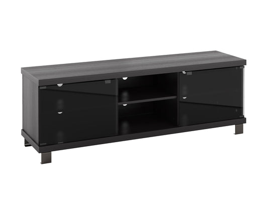 Modern TV stand in sleek black and walnut finish with open shelving, cable management, and sturdy wooden legs. Ideal for contemporary living rooms, offering ample storage for electronics and media accessories.