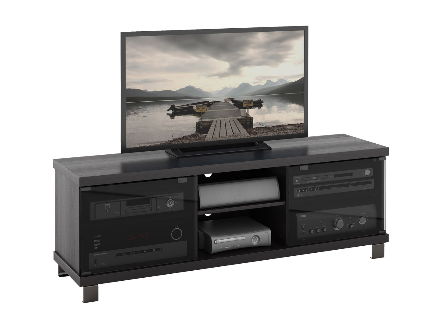 Modern wooden TV stand with two open shelves, two drawers, and a sleek black metal frame. The stand features a natural oak finish, offering ample storage for media devices and accessories.