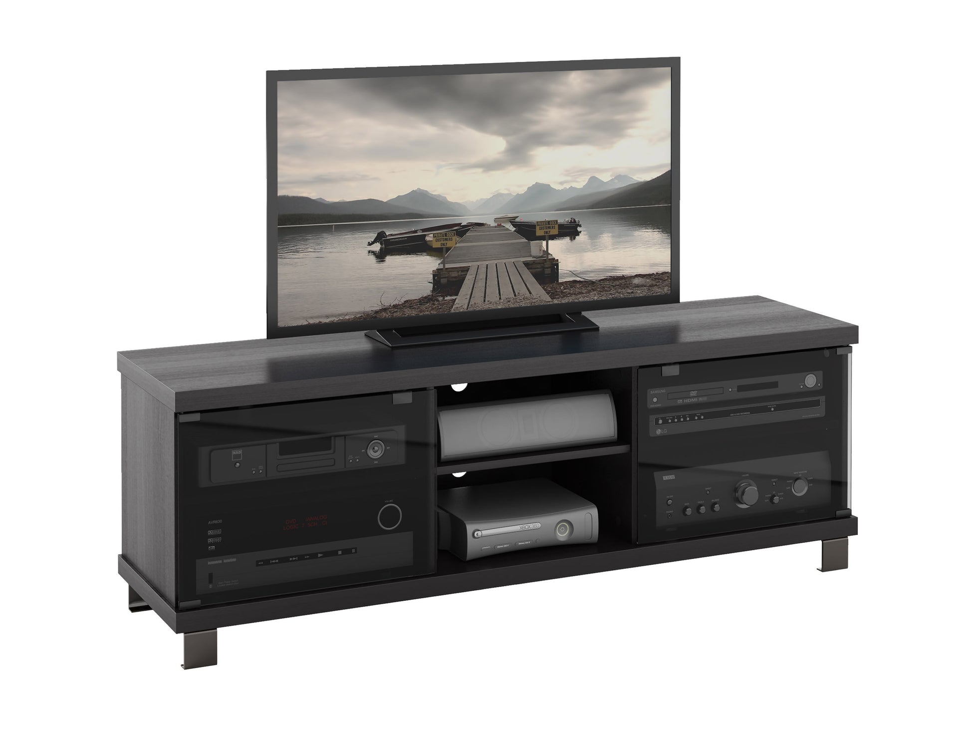 Modern wooden TV stand with two open shelves, two drawers, and a sleek black metal frame. The stand features a natural oak finish, offering ample storage for media devices and accessories.