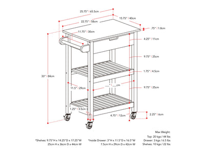 white Kitchen Cart on Wheels Sage Collection measurements diagram by CorLiving#color_white