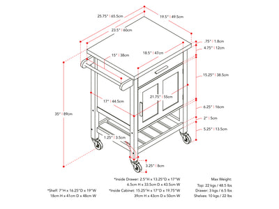 black Kitchen Cart on Wheels Callan Collection measurements diagram by CorLiving#color_black