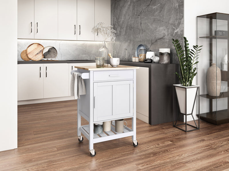 white Kitchen Cart on Wheels Callan Collection lifestyle scene by CorLiving