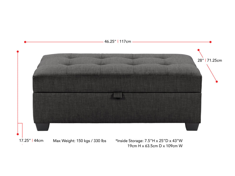 grey Tufted Storage Bench Antonio Collection measurements diagram by CorLiving