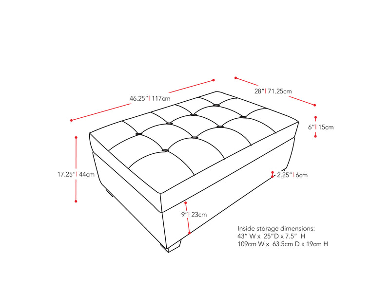 white Tufted Ottoman with Storage Antonio Collection measurements diagram by CorLiving