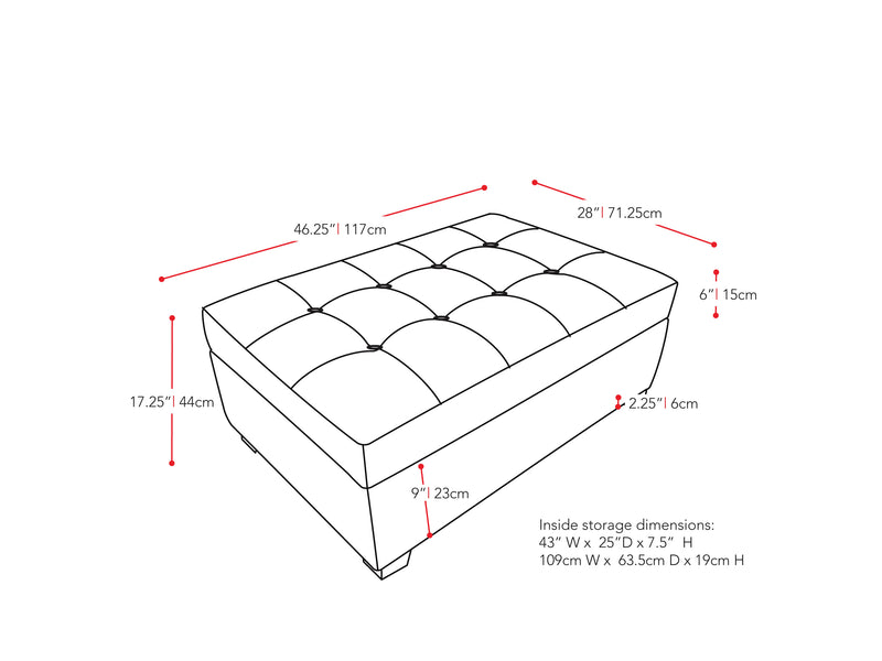 brown Tufted Ottoman with Storage Antonio Collection measurements diagram by CorLiving