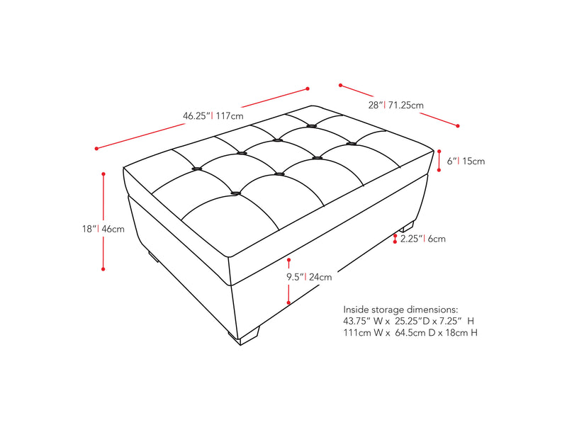 blue Tufted Storage Bench Antonio Collection measurements diagram by CorLiving