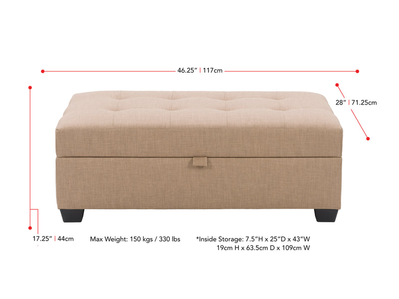 beige Tufted Storage Bench Antonio Collection measurements diagram by CorLiving