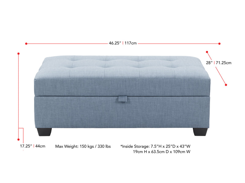 blue grey Tufted Storage Bench Antonio Collection measurements diagram by CorLiving