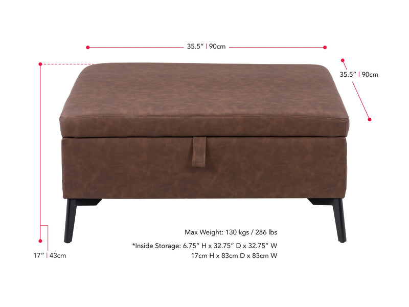 dark brown Mid-Century Modern Ottoman Linden Collection measurements diagram by CorLiving