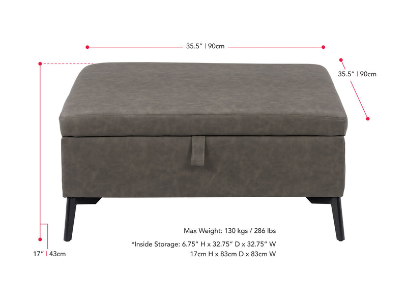 grey Mid-Century Modern Ottoman Linden Collection measurements diagram by CorLiving