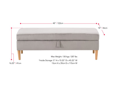 light grey Velvet Storage Bench Perry Collection measurements diagram by CorLiving#color_perry-light-grey