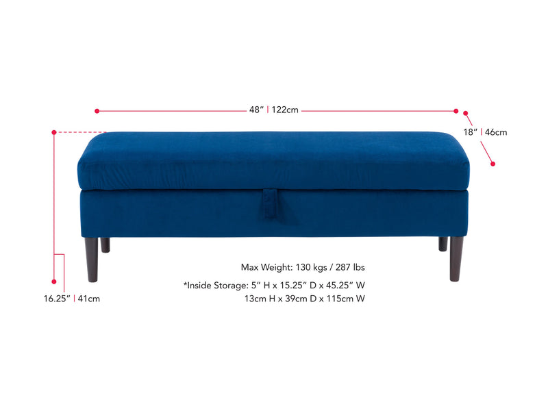 blue Velvet Storage Bench Perry Collection measurements diagram by CorLiving