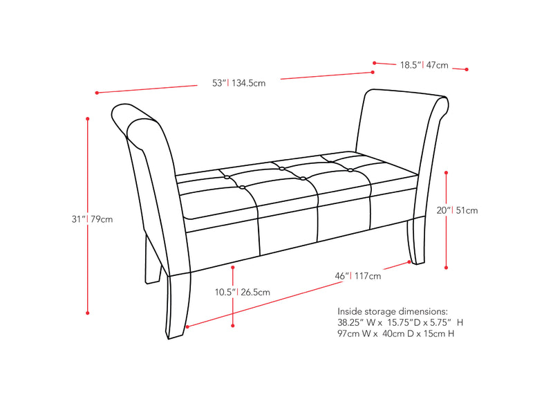 white Storage Bench with Arms Antonio Collection measurements diagram by CorLiving