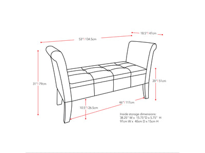 grey Storage Bench with Arms Antonio Collection measurements diagram by CorLiving#color_antonio-grey