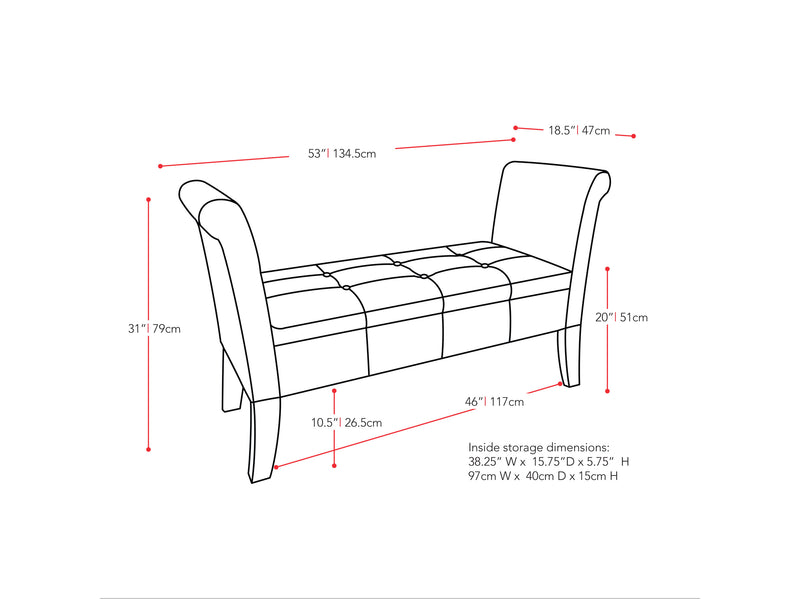 grey Storage Bench with Arms Antonio Collection measurements diagram by CorLiving