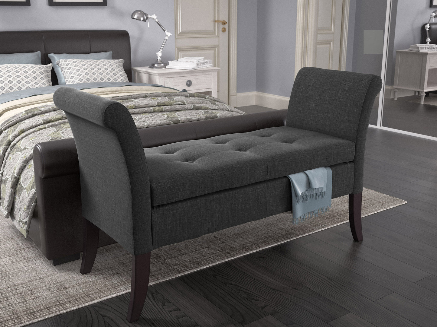 Modern storage bench with arms, upholstered in light gray fabric, featuring a cushioned seat, dark wood legs, and a spacious storage compartment beneath the seat. Ideal for entryways or living rooms.