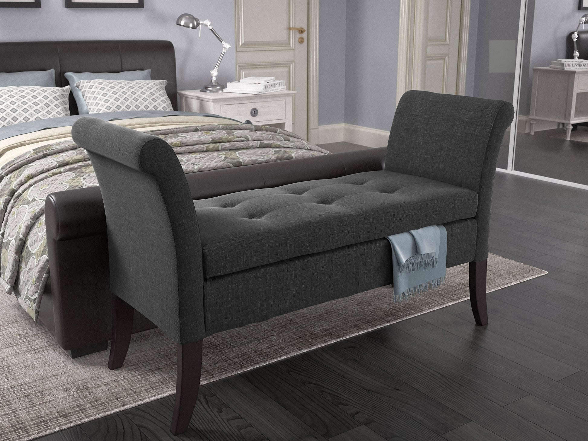 Modern storage bench with arms, upholstered in light gray fabric, featuring a cushioned seat, dark wood legs, and a spacious storage compartment beneath the seat. Ideal for entryways or living rooms.