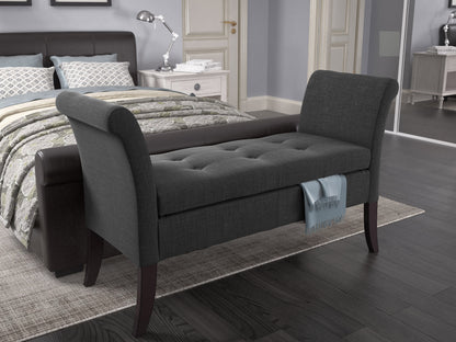 Modern storage bench with arms, upholstered in light gray fabric, featuring a cushioned seat, dark wood legs, and a spacious storage compartment beneath the seat. Ideal for entryways or living rooms.