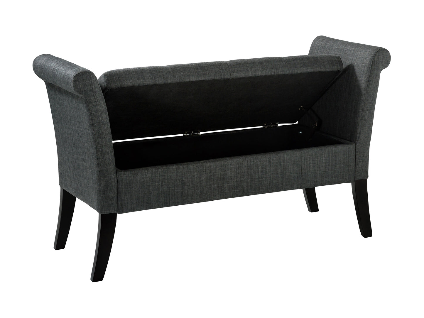 Mid-century modern wooden bench with natural oak finish, featuring a slatted backrest, sleek tapered legs, and a cushioned seat in dark gray fabric. Ideal for living rooms or entryways.