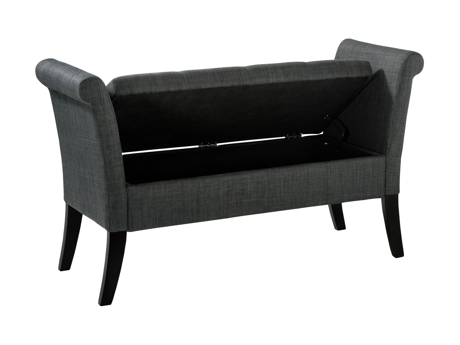 Mid-century modern wooden bench with natural oak finish, featuring a slatted backrest, sleek tapered legs, and a cushioned seat in dark gray fabric. Ideal for living rooms or entryways.