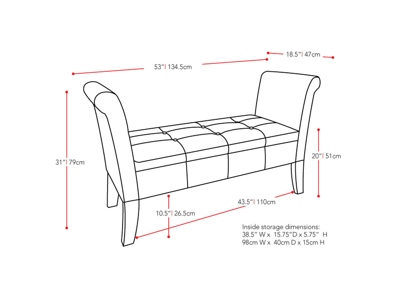 dark brown Storage Bench with Arms Antonio Collection measurements diagram by CorLiving