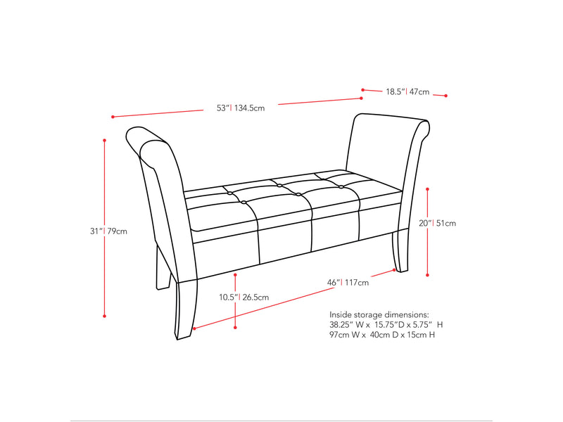 silver Velvet Bench with Arms Antonio Collection measurements diagram by CorLiving