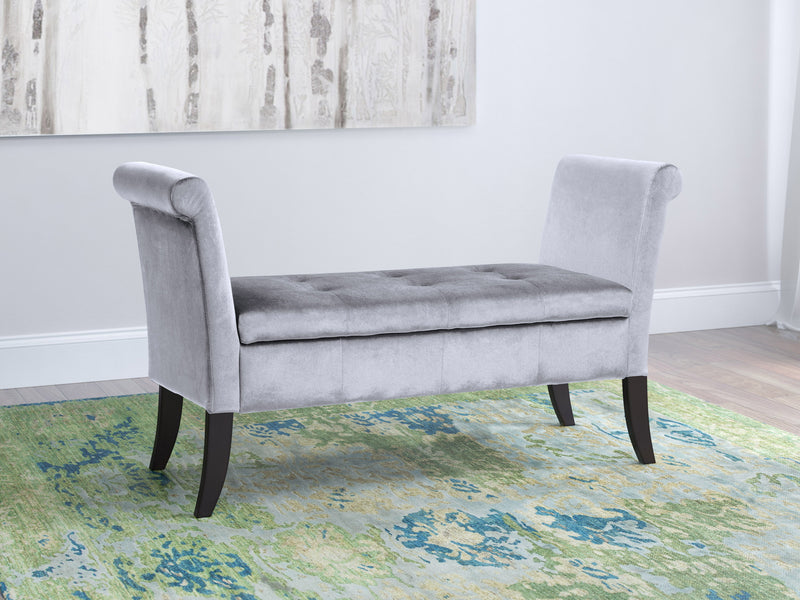 silver Velvet Bench with Arms Antonio Collection lifestyle scene by CorLiving