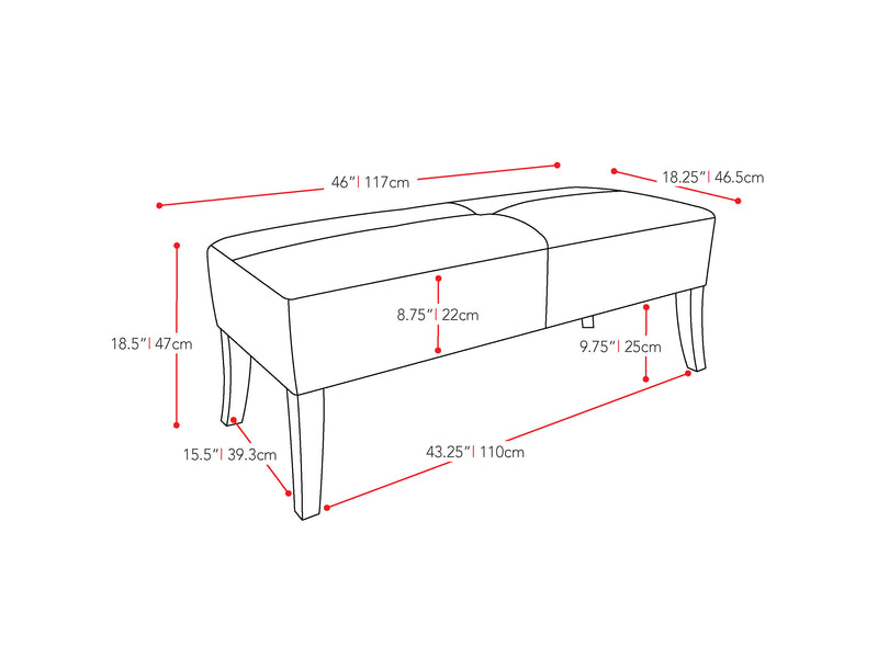 grey Upholstered Bench Antonio Collection measurements diagram by CorLiving