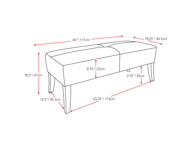 blue Velvet Bench Antonio Collection measurements diagram by CorLiving