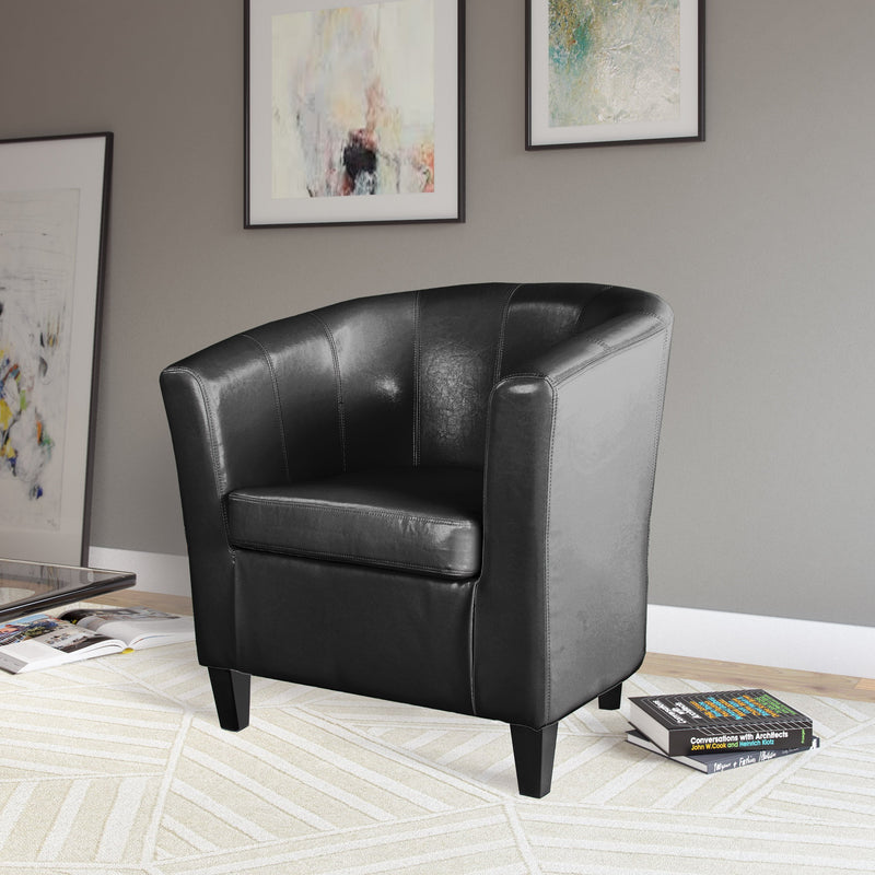 black Leather Barrel Chair Antonio Collection lifestyle scene by CorLiving