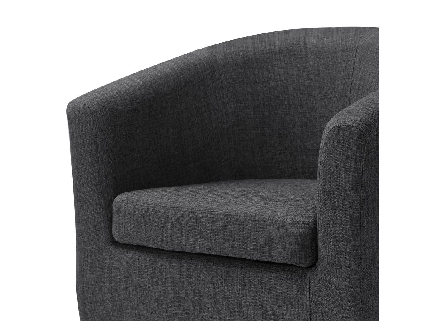 Modern accent chair with a curved design, featuring a soft gray upholstered seat and backrest, complemented by sleek black metal legs. Ideal for contemporary living rooms or office spaces.