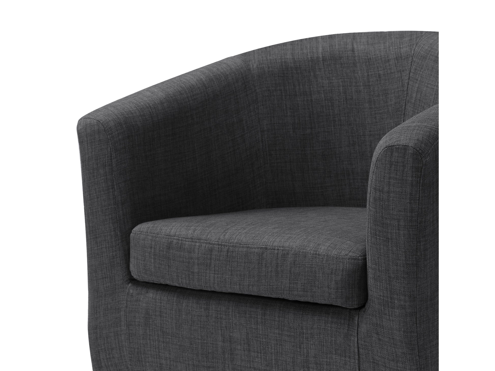 Modern accent chair with a curved design, featuring a soft gray upholstered seat and backrest, complemented by sleek black metal legs. Ideal for contemporary living rooms or office spaces.