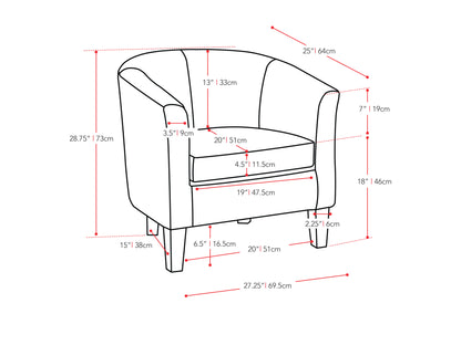 Modern accent chair in dark grey fabric with sleek, angled wooden legs, featuring a tufted backrest and armrests for added comfort and style. Ideal for contemporary living spaces.
