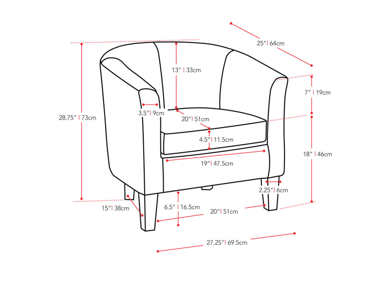 dark grey Barrel Chair Sasha Collection measurements diagram by CorLiving