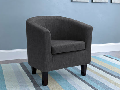 Modern accent chair with sleek black metal frame, upholstered in soft gray fabric, featuring a tufted backrest and cushioned seat. Ideal for contemporary living rooms or offices, offering both style and comfort.