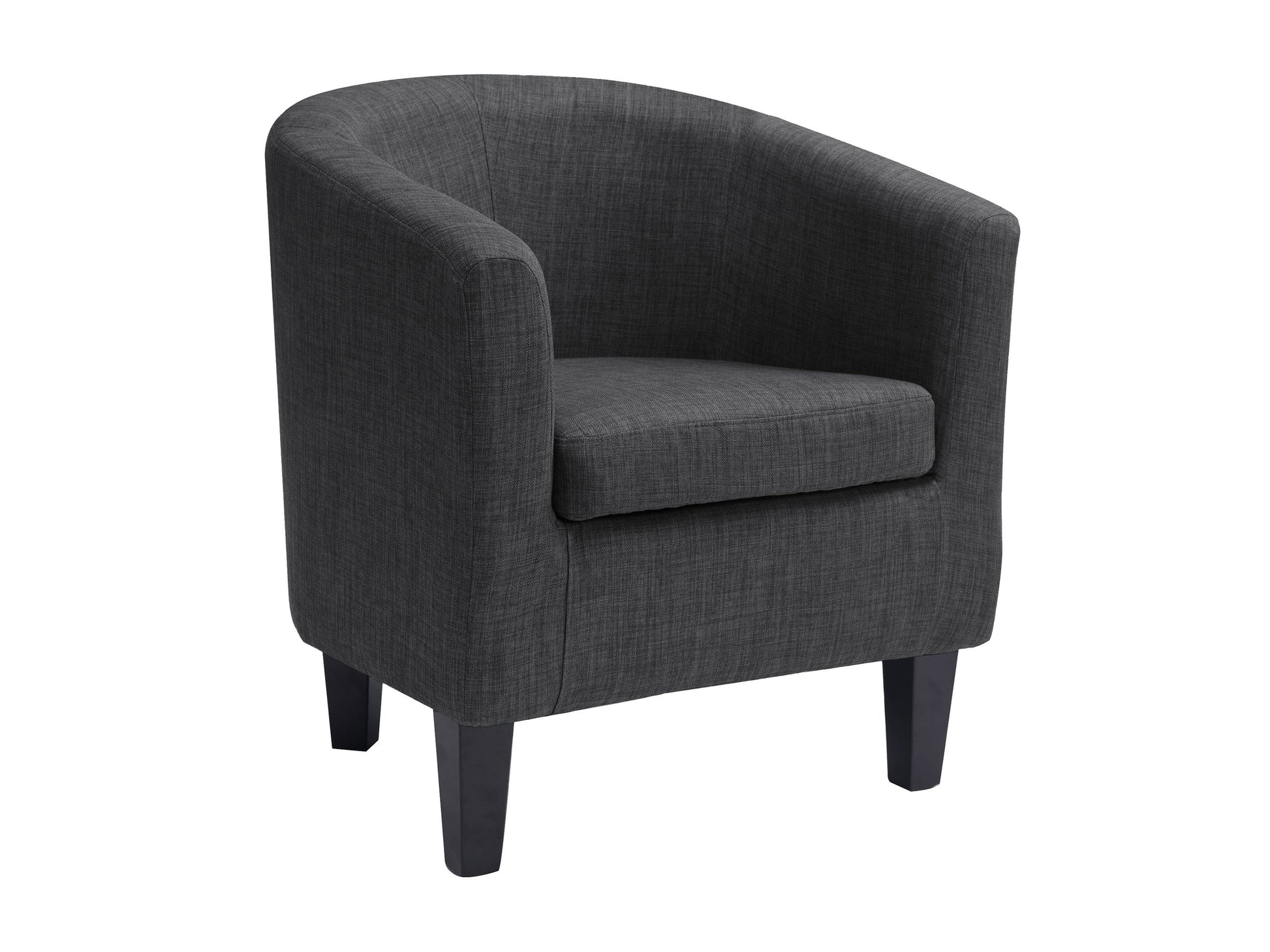 Modern barrel accent chair with plush gray velvet upholstery, sleek black metal legs, and a curved backrest for stylish comfort in living rooms or offices.