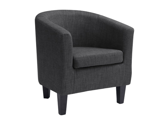 Modern barrel accent chair with plush gray velvet upholstery, sleek black metal legs, and a curved backrest for stylish comfort in living rooms or offices.