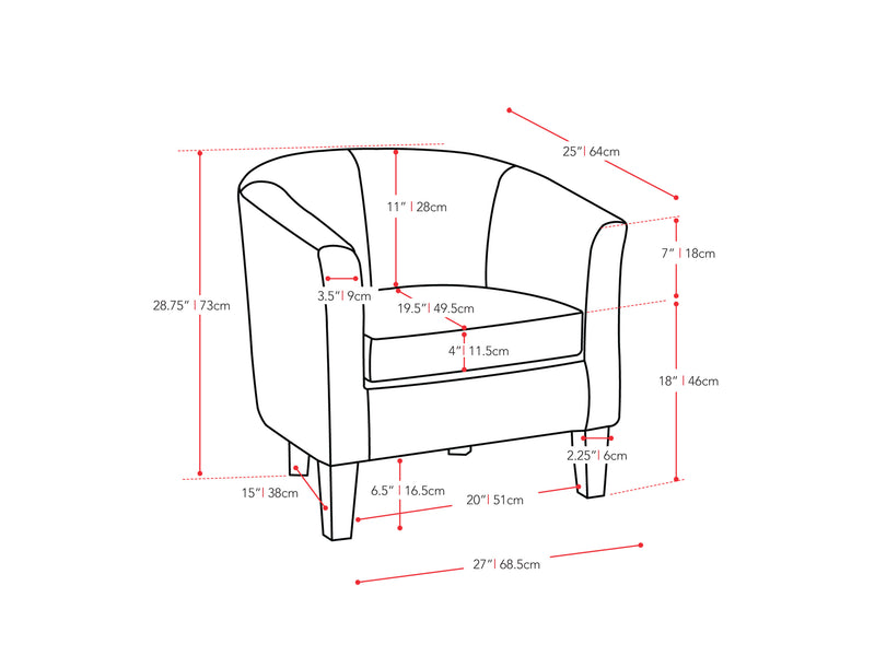 black Leather Barrel Chair Sasha Collection measurements diagram by CorLiving