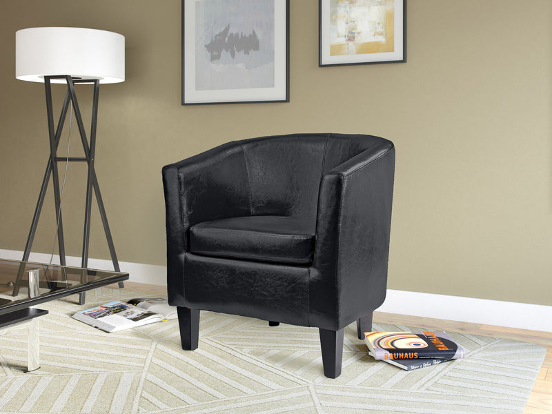 black Leather Barrel Chair Sasha Collection lifestyle scene by CorLiving
