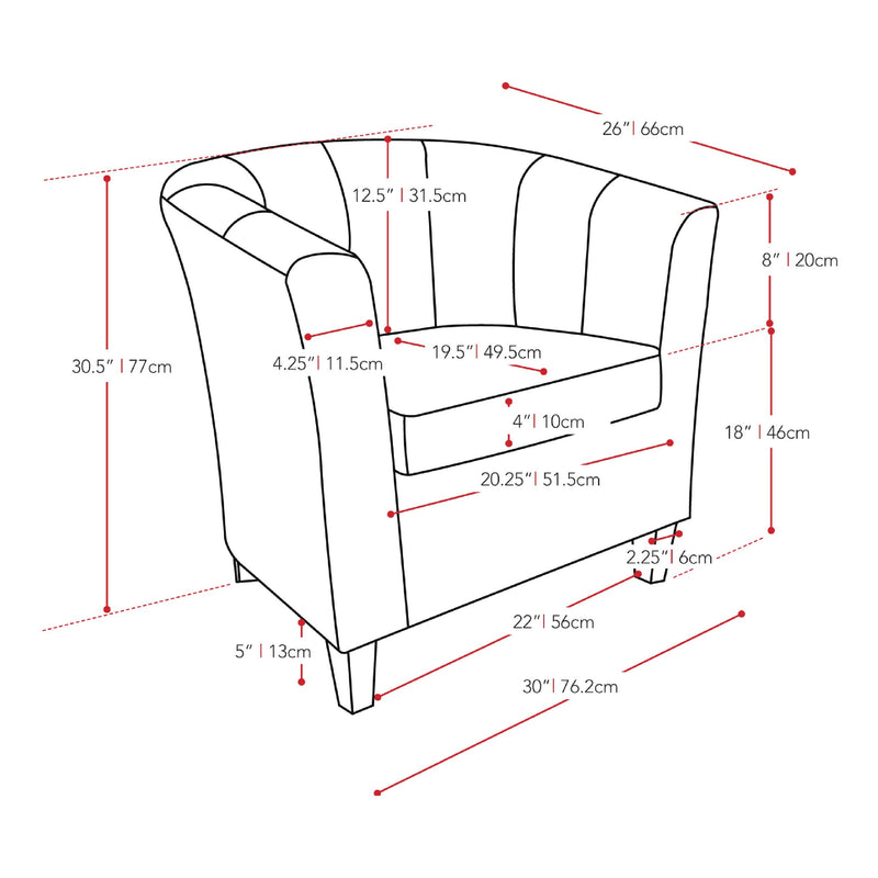 cream Leather Barrel Chair Antonio Collection measurements diagram by CorLiving
